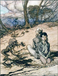 Syn udělal kruh a jeho otec a on v něm zaujali místa a objevil se malý černý mannik, ilustrace z Krále Zlaté hory v Pohádkách bratří Grimmů,