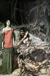 Namlouvání Grimhildy, matky Hagenovy. Ilustrace pro Siegfried a The Twilight of the Go