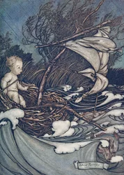 Nyní se zvedla silná bouře a on byl zmítán sem a tam.., z knihy Peter Pan in Kensington Gardens od J. M. Barrieho (1860-1937), vyd. 1906