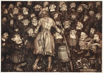 Zírali na něj tak upřeným pohledem jako socha, až se mu srdce otočilo a kolena se mu srazila o sebe., z Rip Van Winkle od Washington Irving, hospoda. 1910