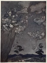 Vládl jim starý duch squaw, který vyvěsil nové měsíce na oblohu a ty staré rozřezal na hvězdy., z Rip Van Winkle od Washington Irving, hospoda. 1910