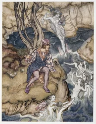 Tato hudba se plížila po vodách, ilustrace z hospody The Tempest Williama Shakespeara. 1926