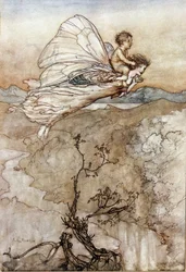 Titania, královna poplatků, letí se svým dítětem na zádech. Ilustrace Arthur RACKHAM (1867-1939) pro Sen letní noci od Williama SHAKESPEARE