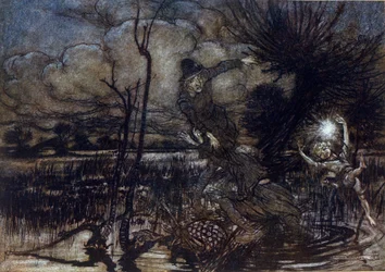 Dvě postavy se nedaří utopit v bažině, Puk jim pomáhá s ohněm. Ilustrace Arthur RACKHAM (1867-1939) pro Sen letní noci od Williama SHAKESPEARE