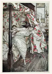 Venuše a kočka, ilustrace z „Ezopových bajek“, vydal Heinemann, 1912 (barevně lito)
