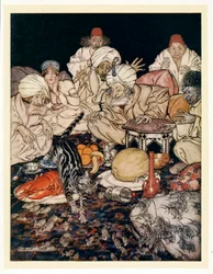 Když Puss uviděla krysy a myši, nečekala, až jí to řeknou z hospody English Fairy Tales. 1922.