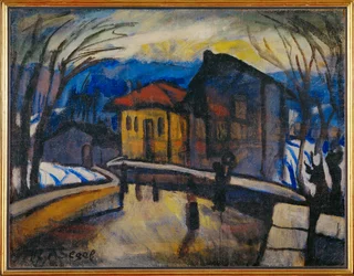 Ulice ve švýcarské vesnici (malba na plátně)