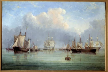 Námořní lodě a plachetnice kotví. Obraz Arthura Wellingtona Fowlese (1815-1883) Orleans Museum of Fine Arts z 19. století