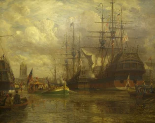 Královna Alžběta proplouvající Avonem na návštěvu Hungroad, 1574, 1916