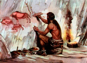 Malba Homo Sapiens v jeskyni, z knihy "Vita Meravigliosa" (tisk)