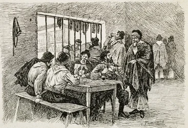 Argentina (20. století). "Pulperia", hostinec a obchod s alkoholem. Ilustrace T. Tamarera. Rytina