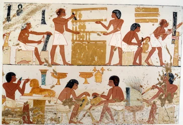 Řemeslníci při práci. faksimile podle dokumentu z Théb, období Amenofise III (18. dynastie).
