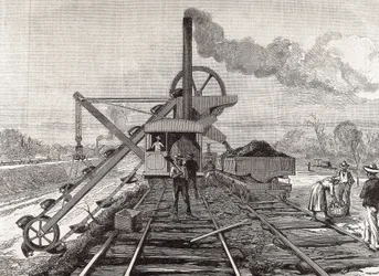 Výstavba Panamského průplavu. Bagrovací práce ve vesnici Culebra. Původní kresba Meltora Priora. Obrázek zveřejněn v "The Illustrated London News". Rytina.