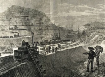 Výstavba Panamského průplavu. Bagrovací práce ve vesnici Culebra. Původní kresba Meltora Priora. Obrázek zveřejněn v "The Illustrated London News". Rytina.