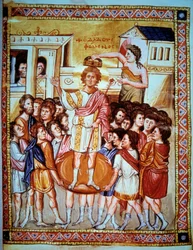 Korunovace izraelského krále Davida (1015 - 975 př. n. l.). Miniatura v "Psaltier de Paris" Folio 6v