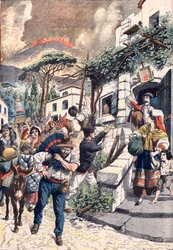 Výbuch Vesuvu, lidé prchající před sopkou, 1906 (tisk)