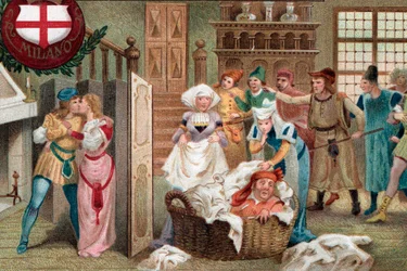 Falstaff ukrytý v plátěném koši, 2. dějství, 2. scéna z opery Falstaff z opery Giuseppe Verdiho