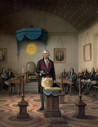 George Washington, americký generál a státník, v makonickém oděvu (Ctihodný z lóže "Alexandria 39", která byla v roce 1805 známá jako "Washington-Alexandria".