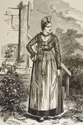 Německo (19. století). Společnost (1879). Alsasko. Ženy v regionu. Právě teď se Alsasko nacházelo v držení německého říšského sněmu (1871-1918). Rytina. Soukromá sbírka