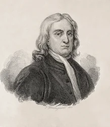 Newton, sir Isaac (1642-1727). Anglický matematik, fyzik a astronom; GUADAGNINI, Gaetano (1800-1860). Italský rytec. Portrét Isaaca Newtona, dílo Gaetana Guadagniniho. Rytina. ITÁLIE. LOMBARDY. Milán. Civica Raccolta delle Stampe "Achi