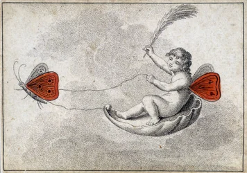 Stará karta na hraní: srdcová dvojka - Dítě řídí létající tank. Musée de la Carte à Jouir, Issy-les-Moulineaux.