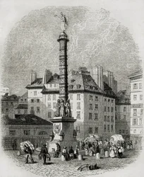 Paříž. Prodavači vody před fontánou na náměstí Chatelet (rytina)