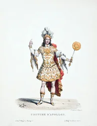 Představení krále Ludvíka XIV. interpretujícího Apollóna v baletu "Les Noces de Pelee and Thetis".