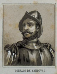 SANDOVAL, Gonzalo de (1497-1527). Španělský conquistador v Novém Španělsku (Mexiku). Rytina.
