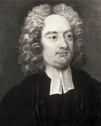 SWIFT, Jonathan (1667-1745). Irský duchovní a satirický spisovatel. Portrét děkana dublinské katedrály svatého Patrika podle obrazu Charlese Jervase (1675-1739). Rytina. Soukromá sbírka