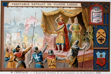 Šestá křížová výprava - císař Svaté říše Fridrich II. (1194-1250) (Fridrich II., císař Svaté říše římské) korunuje jeruzalémského krále.
