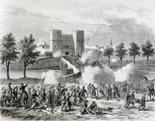 Španělsko (1868). Slavná revoluce. Útok vládních vojsk na bránu Serrans ve Valencii. Rytina z knihy "Ilustrace. Jorinal Universal". Lept