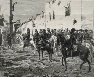 Španělsko. První republika (1873-1874). Kanton Cartagena. Generál José Lopez Dominguez v Cartageně po kapitulaci kantonálů. Obrázek zveřejněný v časopise "La Ilustracion Espanola y Americana". Lept.