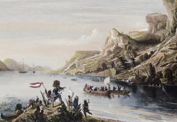 Francouzský objevitel Jacques Cartier v roce 1535 objevil řeku Svatého Vavřince v Kanadě a vystoupil na ni - Jacques Cartier objevuje řeku Svatého Vavřince v roce 1535