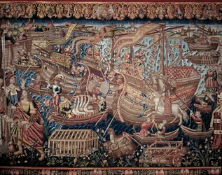 Portugalský mořeplavec Vasco de Gama (1459-1524) dorazil do indického Kaličutu v roce 1498, detail, tapiserie