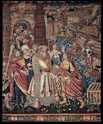 Portugalský mořeplavec Vasco de Gama (1459-1524) dorazil do indického Kaličutu v roce 1498, detail, tapiserie