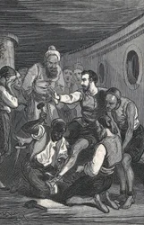 Trinidadští bratři Juan Gil a Anton de la Bella propustili Cervantese ze zajetí v Alžíru v roce 1580 (rytina)