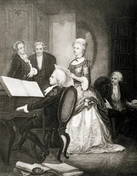 Wolfgang Amadeus Mozart doprovází na klavír sopranistku Caterinu Cavalieri.
