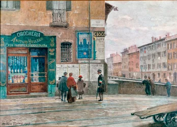 Milán, pohled z mostu Porta Vittoria (Verziere) Akvarel od Artura Ferrariho (1861-1932) 1917 Milán, Muzeum Milána