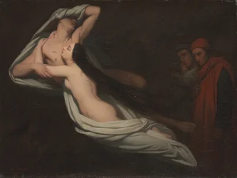 Dante a Vergilius setkávající se stíny Francesky da Rimini a Paola, 1851