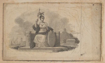 Bankovka viněta s ženskou postavou představující Ameriku, ca. 1824-37.