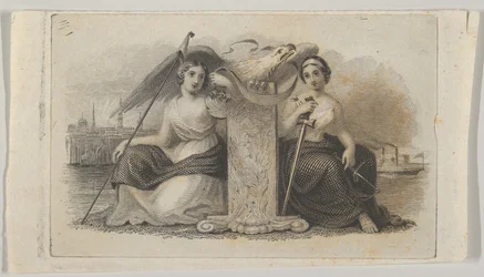 Bankovka viněta s ženskými postavami představujícími svobodu a spravedlnost, ca. 1824-37.
