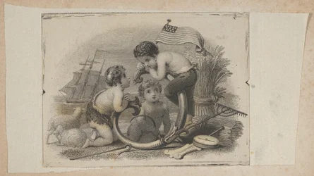 Bankovka viněta se třemi putti jako pastýř, farmář a námořník, ca. 1824-37.