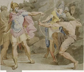 Philoctetes mířící Herkulesův luk na Odysea