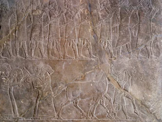 Orientální antika: detail basreliéfu ve vápenci: hudebníci brnění Assurbanipal nebo Ashurbanipal, král Asýrie (Mezopotámie) (669 př.nl-627 př.nl). 640 před naším letopočtem. Z Ninive. Paříž, muzeum Louvre