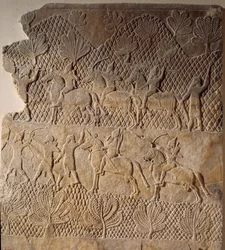 Orientální umění starověku: bitevní scéna. Nízký reliéf Assurbanipal Palace, Asýrie (7. století před naším letopočtem). Paříž, Musee du Louvre