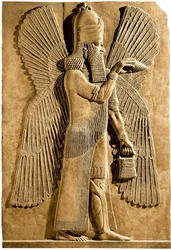 Okřídlený génius. Detail reliéfu z paláce asyrského krále Sargona II., 722-705 př. n. l.