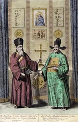 Portrét Mattea Ricciho (vlevo), italského jezuity a Paula Ly, velkého šiřitele křesťanské víry v Číně, rytina „De China monumenta“ od Athanasius Kircher (1601-1680), jezuita, německý orientalista a učenec