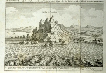 Pohled na skály „“ Charybde““ a „“ Scylla““ v Detroitu Messina, Sicílie“““ Rytina z „“Mundus Subterraneus““ od Athanasius Kircher (1601-1680), jezuita, orientalista a učenec 1682