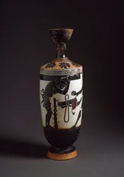 Řecké umění: “”Hérakles a Atlas”” Detail Hérakla (Herkula) Lekythos (lecyth) bílý realizovaný malířem Athény (450-400 př.nl). Athény, Národní archeologické muzeum