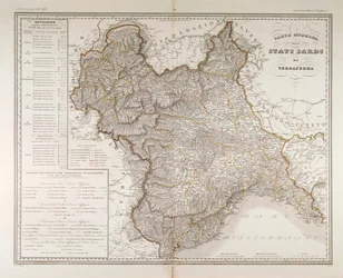 Sardinské státy na pevnině. Mapa Attilio Zuccagni-Orlandini, převzato z Geografického atlasu italských států, Florencie, rytina na mědi